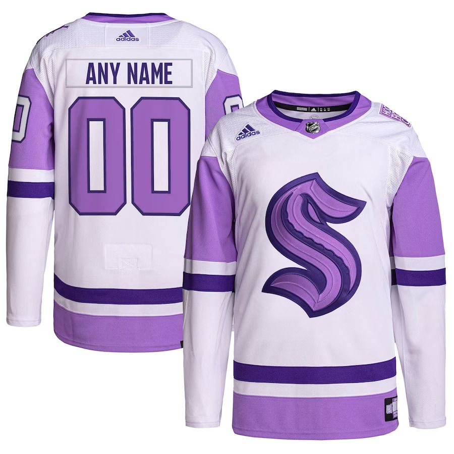 Men Seattle Kraken adidas White Purple Hockey Fights Cancer Primegreen Authentic Custom NHL Jersey